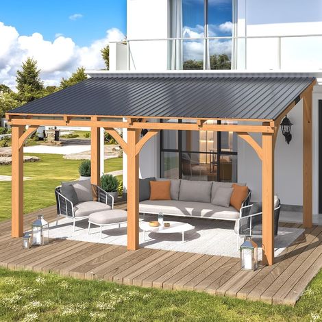 YODOLLA 3x4.2m Pergola Bois, Lean-to Hardtop Gazebo Outdoor Wood Cedar,Wall Mounted Pergola for Patio Decks Backyard