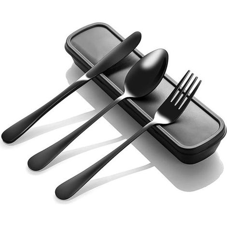 Juego de cubiertos portátiles con estuche, 4 piezas de cubiertos reutilizables de acero inoxidable, Negro, acampada, picnic, Incluye tenedor (1/5)