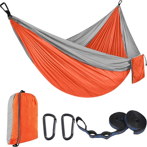 Hamaca ligera y portátil, de secado rápido, ideal para acampar, jardinería y la playa (270 x 140 cm - gris y naranja). (1/5)