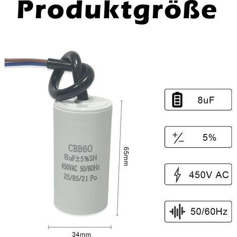CBB60 450v 8uf 50/60HZ condensateur de démarrage, condensateur de suppression, condensateur de démarrage de moteur, condensateur microfarad avec fil