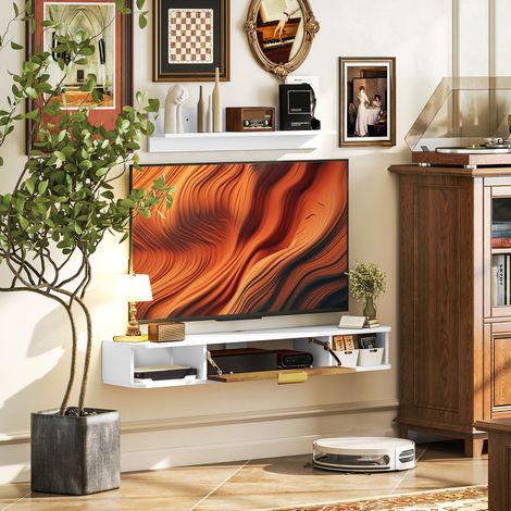 Mobilier TV et étagère murale avec armoires et compartiments ouverts, organisation de l’espace et fixation