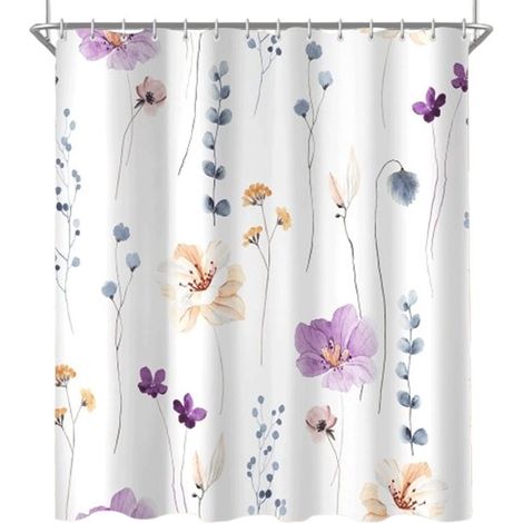 Duschvorhang – Schimmelhemmender Duschvorhang – Antibakteriell – Badezimmervorhang – Lila Blumenmuster – Waschbar – Mit 12 Ringen – Für Badezimmer und Badewanne (1/5)