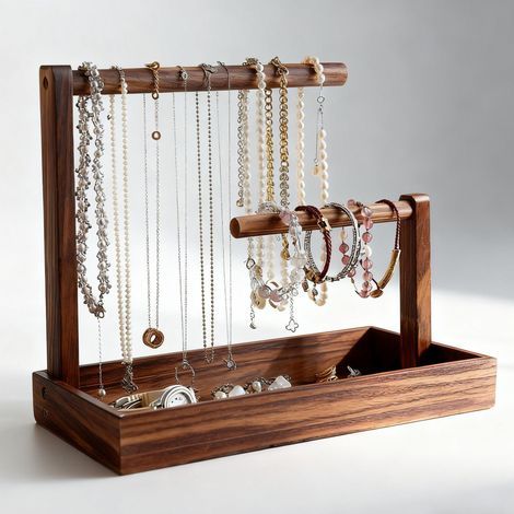 Présentoir à bijoux en bois - Porte-colliers amovible - Porte-colliers vintage - Support de montre - Arbre à bijoux pour colliers et bracelets, bagues et boucles d'oreilles (1/4)