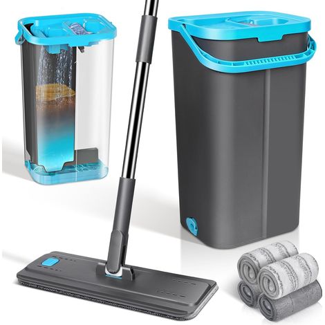 Balai Plat Microfibre et Seau Essoreur, Seau 2 Compartiment Serpillère Rotative 360° et Seau Système Auto-Essorage pour Nettoyage de Sol Humide (1/5)