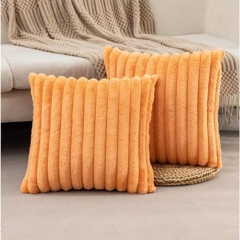 Juego de 2 fundas de cojín decorativas de felpa sintética naranja, fundas de cojín con rayas de peluche, 45 × 45 cm, aptas para sofá, cama y decoración del hogar