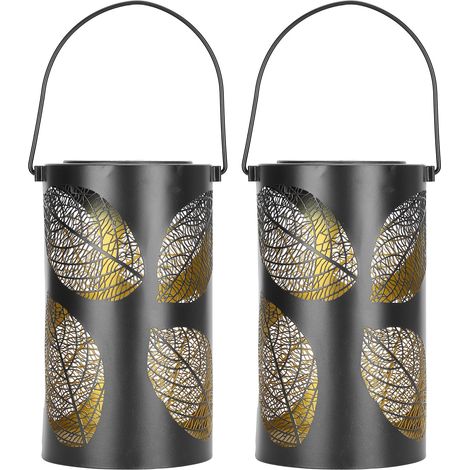 2Pcs Lanterne Solaire Suspendue Fer Forgé Creux Lumière LED Décoration Jardin Cour Terrasse Noir (1/5)
