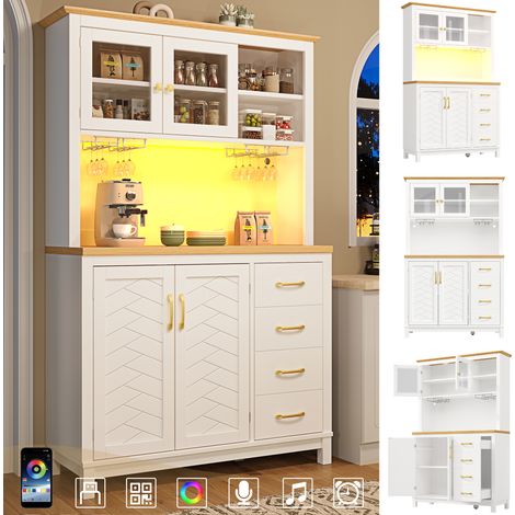Buffet de cuisine style campagne, 105.5x40x180 cm, 4 portes, avec éclairage LED et casier à bouteilles, Vert/Noir/Blanc
