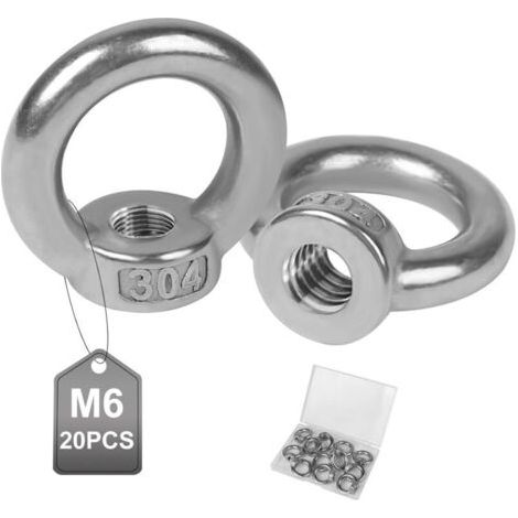 20 Pcs Écrou à Oeil de Levage M6 en Acier Inoxydable Écrou à Anneau Bague Anneau de Levage Anneaux Femelle Anneaux en Inox pour Accessoires de Levage Fixer Pots de Fleurs Auvents Cordes à Linge