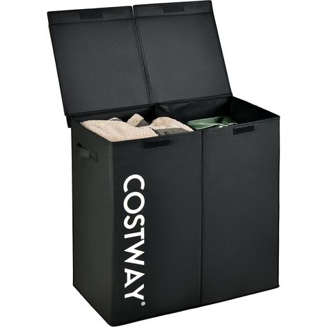 COSTWAY 105 L Cesto Portabiancheria con Coperchio, Portabiancheria Sporca con 2 Scomparti e Maniglie, in Tessuto Non Tessuto, Ideale per Bagno Lavanderia, 62 x 31 x 60 cm (Nero) (1/5)