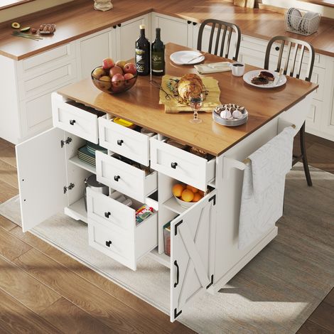MEUBLIV Îlot de cuisine pliant blanc effet bois, desserte mobile avec grand rangement 147x44x93 cm (1/5)