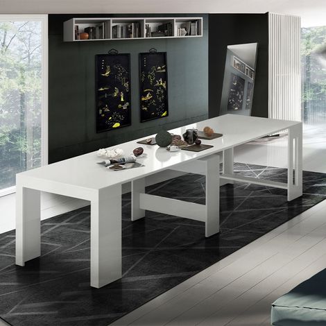 Mesa de comedor blanco brillante extensible 90x51-300cm consola diseño Pratika White (1/5)