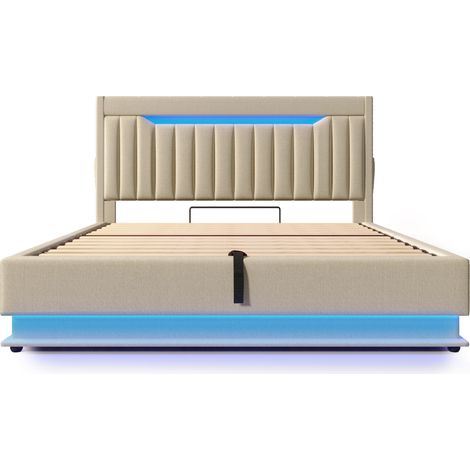 Cama doble tapizada 160x200 cm con almacenaje, LED, puertos USB y USB-C, beige de lino HOMVRA (1/5)