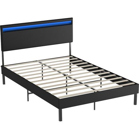 Wolketon Cadre de lit Sommier à lattes Capacité de charge maximale 350 kg Tête de Lit simili cuir Éclairage LED avec télécommande 140x200CM