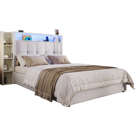 Einzelbett 90 x 200 cm mit Hydraulischem Stauraum, USB, Type-C und LED, ohne Matratze, Beige (1/5)