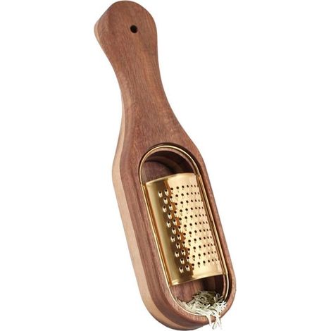 Râpe à fromage en boîte avec récipient - Râpe à parmesan en acier inoxydable avec manche en bois, râpe à zesteur, boîte de cuisine, cuillère à fromage portative, râpe - Titane couleur or (1/4)