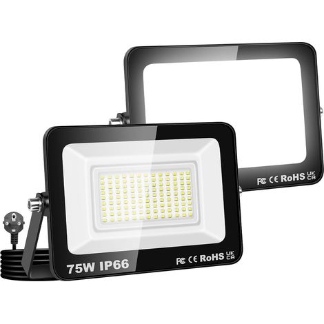 2PCS Projecteurs LED Extérieur Avec Prise, Spot LED 75W 7500LM, 6000K Blanc Froid, IP66 Etanche Eclairage Lumière de Sécurité pour Jardin Patio Garage Terrasse Maison (1/5)