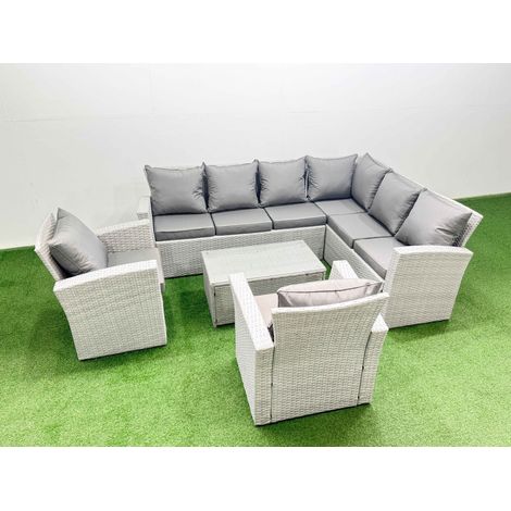 Fimous Garden Outdoor PE Rattan Furniture Set 8 Seater Rattan Garden Sofa Set with 2 Armchair Light Grey Mixed (1/5)