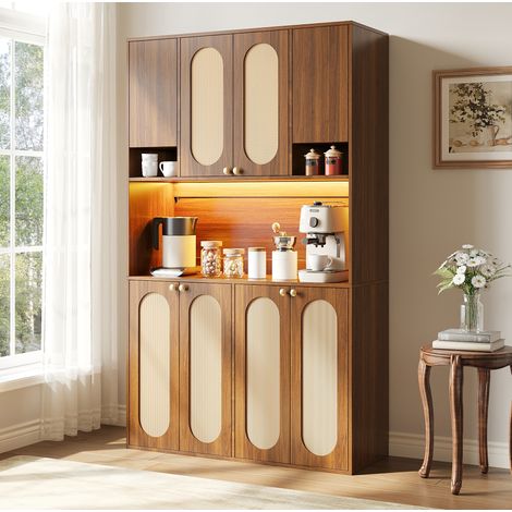Aparador alto (106x40x178 cm), 8 puertas, zona bar con LED regulable, MDF, natural (1/5)