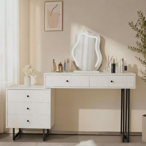 Coiffeuse élégante 100x40x76 cm plateau extensible avec LED 3 couleurs et 5 tiroirs MDF brillant cadre métal blanc