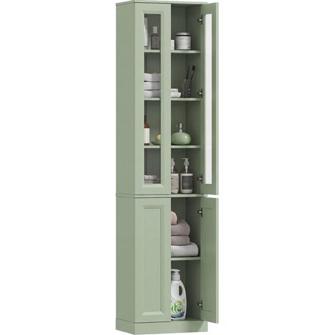 Pour Salle de Bain Gain de Place Meuble Colonne Haut sur Pied 6 Étagères dont 1 Réglable Portes Soft-Close Vert Sauge (1/5)