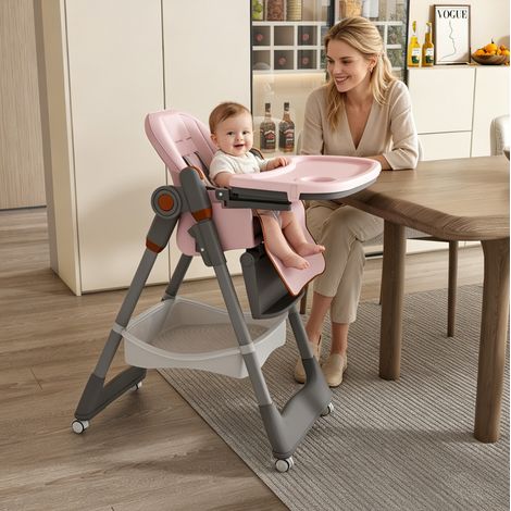 Chaise haute bébé pliable rose en polypropylène avec dossier réglable et roulettes verrouillables (1/5)