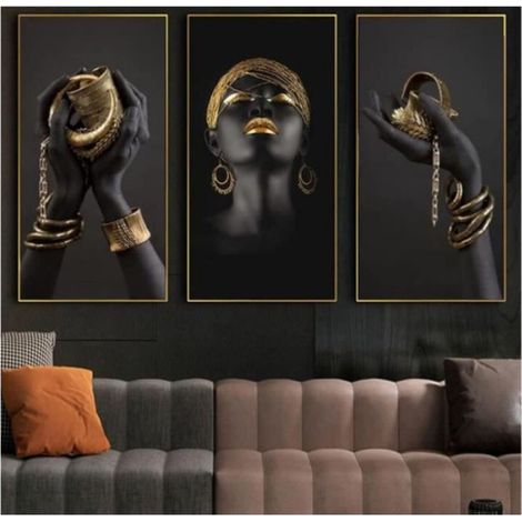 Lot de 3 tableaux sur toile pour femme africaine - Doré et noir - Pour décoration de salon - Sans cadre (40 x 80 cm) (1/3)