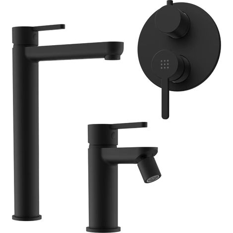 Ensemble mitigeur avec lavabo haut et bidet sans vidange et douche encastrée avec inverseur en laiton noir mat Mod. Virna