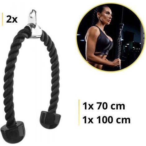 Lot de 2 cordes à triceps en nylon - 70 cm et 100 cm - Noires - Accessoire de musculation (1/5)
