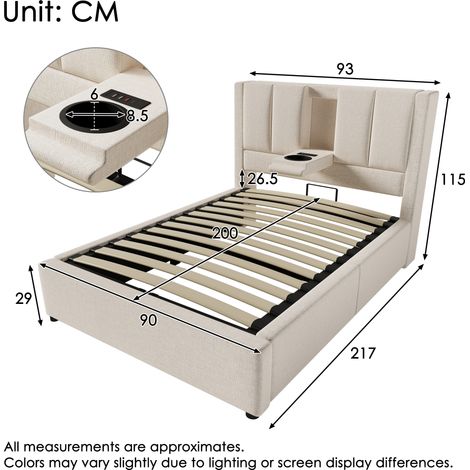 Lit beige (sans matelas) 90x200 cm avec sommier à lattes inclus, lit hydraulique à rangement intégré sous le couchage, équipé d'une station de charge et d'un porte-verre dissimulé (1/4)