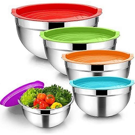 Ensemble de 5 bols mélangeurs, saladiers empilables en acier inoxydable avec couvercles hermétiques pour la cuisine DS (1/5)