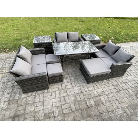 Fimous 9 Seater Wicker PE Rattan Garden Furniture Sets Outdoor Lounge Sofa Set with Oblong Dining Table Double Seat Sofa 3 Footstools 2 Side Tables Dark Grey Mixed (1/5)