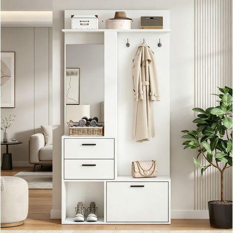 Garderobenschrank mit 2 Schubladen, 3 Haken, Spiegel und Verstellbaren Regalböden, für Flur und Eingang, 90 × 30 × 180 cm (1/5)