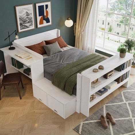 Cama 120/200 cm blanca de madera con escritorio y almacenaje (1/5)
