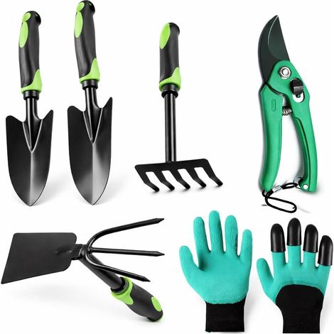 Set d’Outils de Jardin 6 Pièces avec Sécateur et Gants à Griffes, Pelle Large et Étroite, Râteau à Main et Binette pour Repiquage, Désherbage, Terre, Balcon et Massifs (1/5)