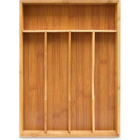 Relaxdays Bandeja para Cubiertos, Con 5 Compartimentos de Bambú, 4,5 x 25,5 x 34 cm, Organizador Cocina, Natural