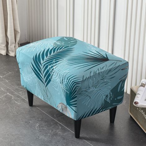 1PC (Lake Blue Leaves) Rectangular Stretch Ottoman Cover, Footstool Cover, Furniture Protector, Stool Cover with Elastic Bottom, Non-Slip, Washable (1/5)