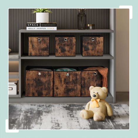 Caja de almacenaje de tela con aspecto de madera, pack de 6