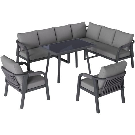 Gartenmöbel Set Grau mit Ecksofa, Esstisch und 2 Sesseln, Garten-Essgruppe für Bis zu 8 Personen, Verzinkter Stahl