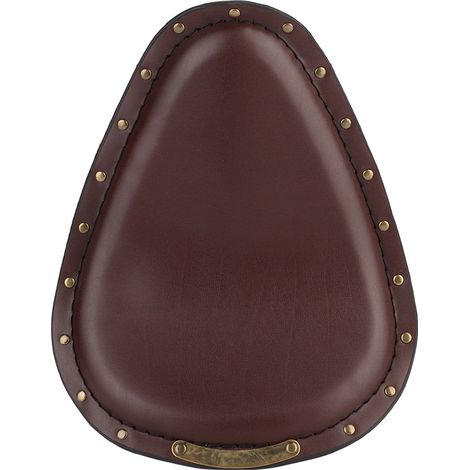 Sellerie moto vintage marron, selle souple avec supports à rivets bronze et ressorts, style rétro. (1/4)