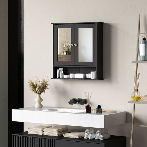 Mobiletto da bagno con specchio, a parete, con 2 ante, ripiano aperto e ripiano regolabile, 56x13x58 cm, nero. (1/5)