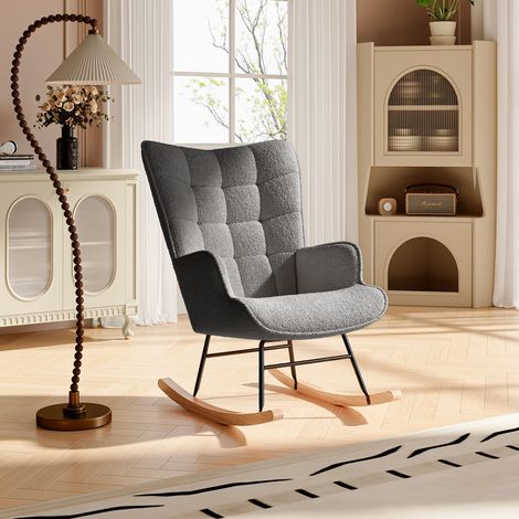 Fauteuil à bascule en velours Teddy gris foncé, dossier haut et accoudoirs rembourrés, cadre en métal, style moderne, 53,5 x 75 x 92 cm
