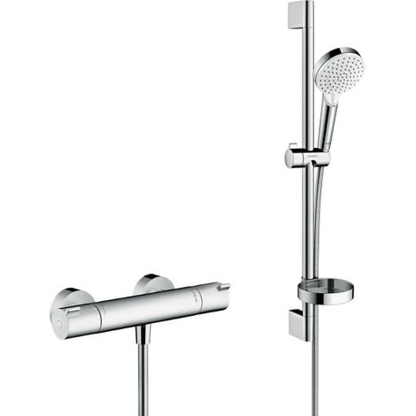 Hansgrohe – Mitigeur thermostatique Ecostat Pack – Set de douche Crometta Vario 2 jets – 13211000CROMETTA2 – Barre 65 cm, chrome, métal/plastique