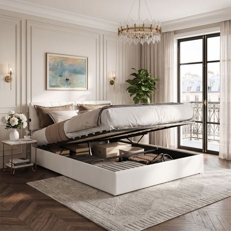 Lit coffre - NEXU - 140x190 cm - Velours Teddy blanc laiteux - Tête de lit réglable (1/5)