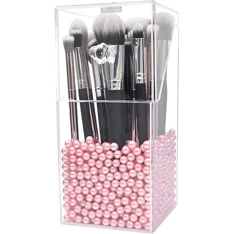 Organisateur de pinceaux de maquillage avec couvercle, boîte de rangement transparente en acrylique anti-poussière - Organisateur de pinceaux de maquillage en acrylique avec perles roses (1/5)