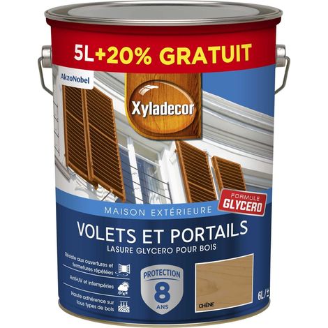 Lasure Protectrice pour Bois Extérieur Glycéro - Volets, Portails, Portes, Fenêtres - Couleur : Satin Chêne - Quantité : 5L plus 20% (1/5)