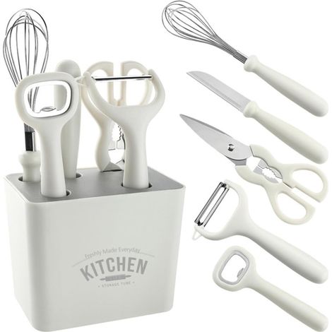 6-teiliges Set weißer Küchenutensilien, bestehend aus Sparschäler, Obstmesser, Schneebesen, Flaschenöffner und Aufbewahrungsbox. Multifunktionale Küchenhelfer, ideal für Familienrestaurants.