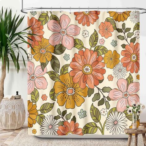 Cortina de ducha floral vintage, coloridas flores bohemias naranjas, elegante y divertido estampado de margaritas, decoración de baño (1/5)