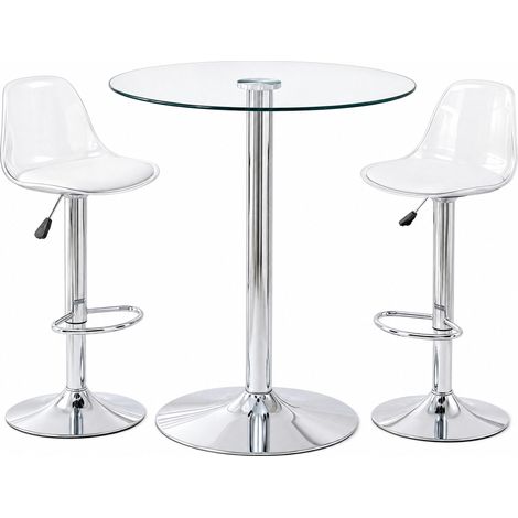 CHICFURN Set bar rotondo 89 cm in vetro trasparente, 2 sgabelli argentati regolabili e girevoli (1/5)