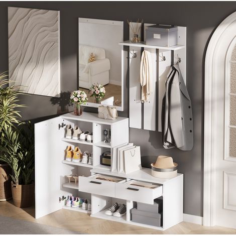 Guardaroba da ingresso bianco in MDF con specchio, 2 cassetti e 4 ganci, 120x35x175,5 cm (1/5)