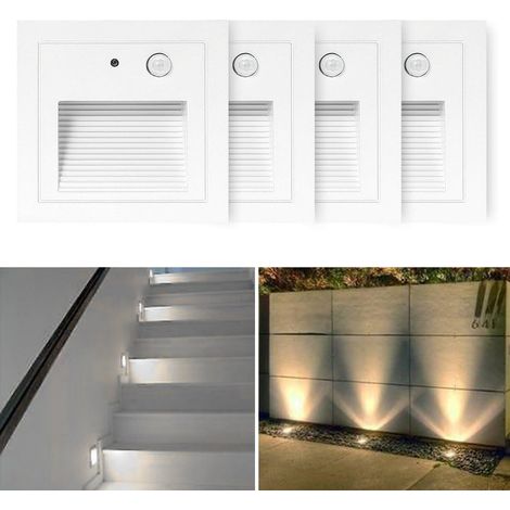 Lot de 4 LED Spot Mural Encastré 3W Applique Murale Escalier Etape Lumière Lampe Détecteur de Mouvement Sol Encastré Lumière Escalier Lumière Hall Lampe 2800K Blanc Chaud, Blanc Chaud (1/5)